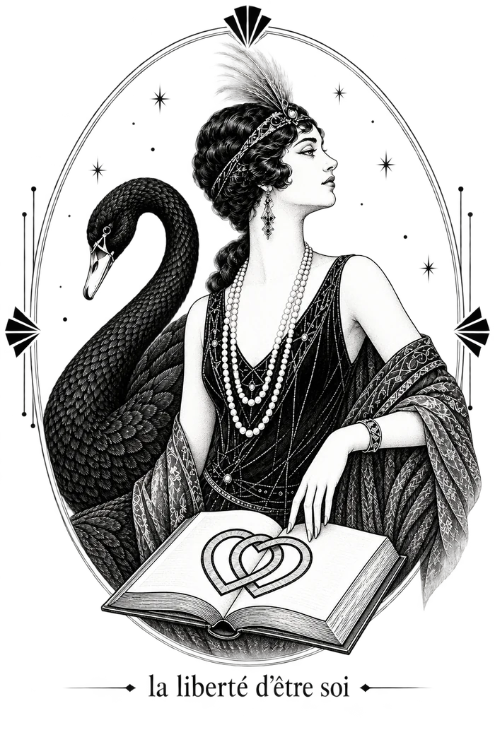 Ex-libris d'Anne Biotteau : une femme et un cygne noir devant un livre ouvert, sous la devise « la liberté d'être soi »