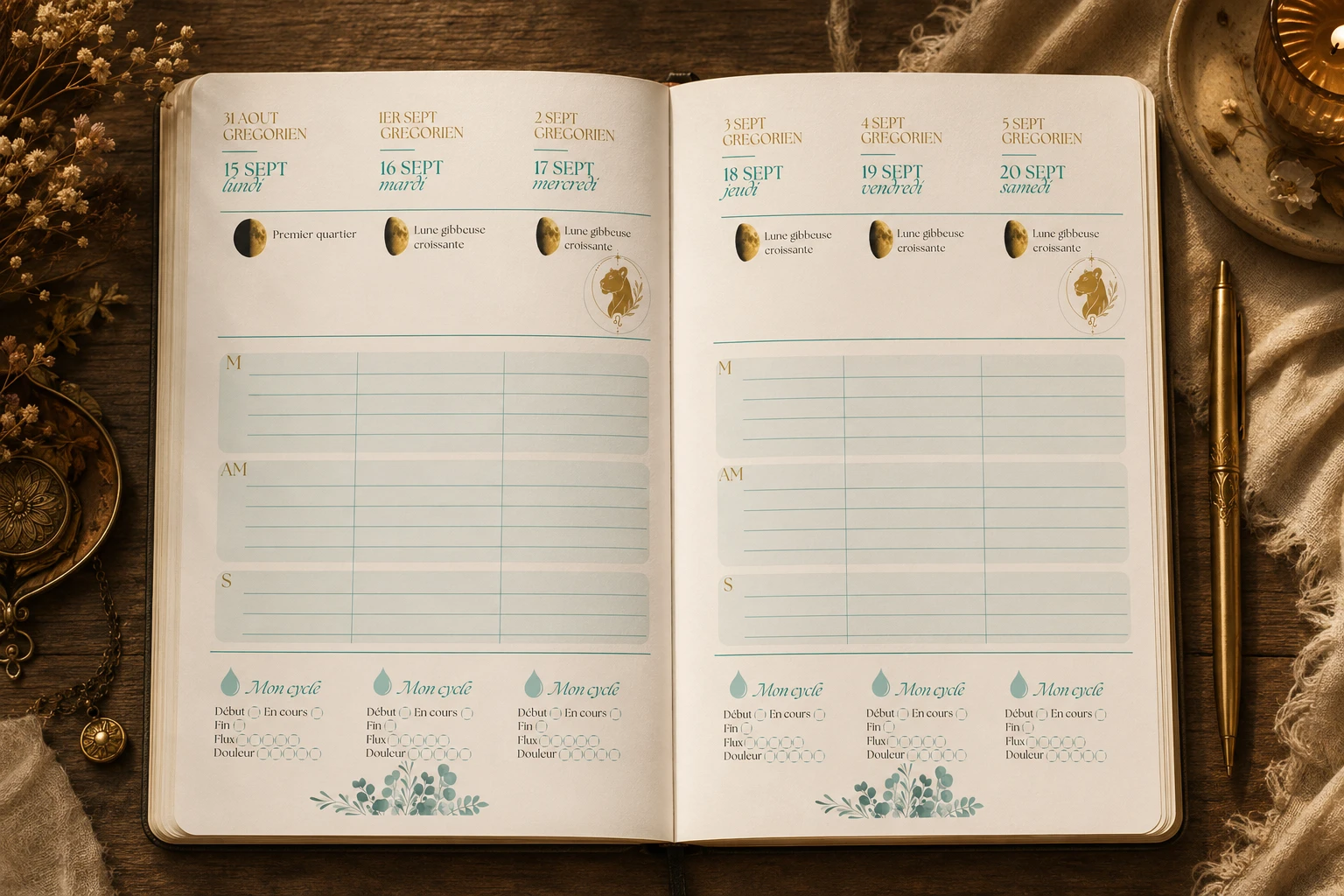 Double page de planning hebdomadaire avec suivi des lunaisons et du cycle