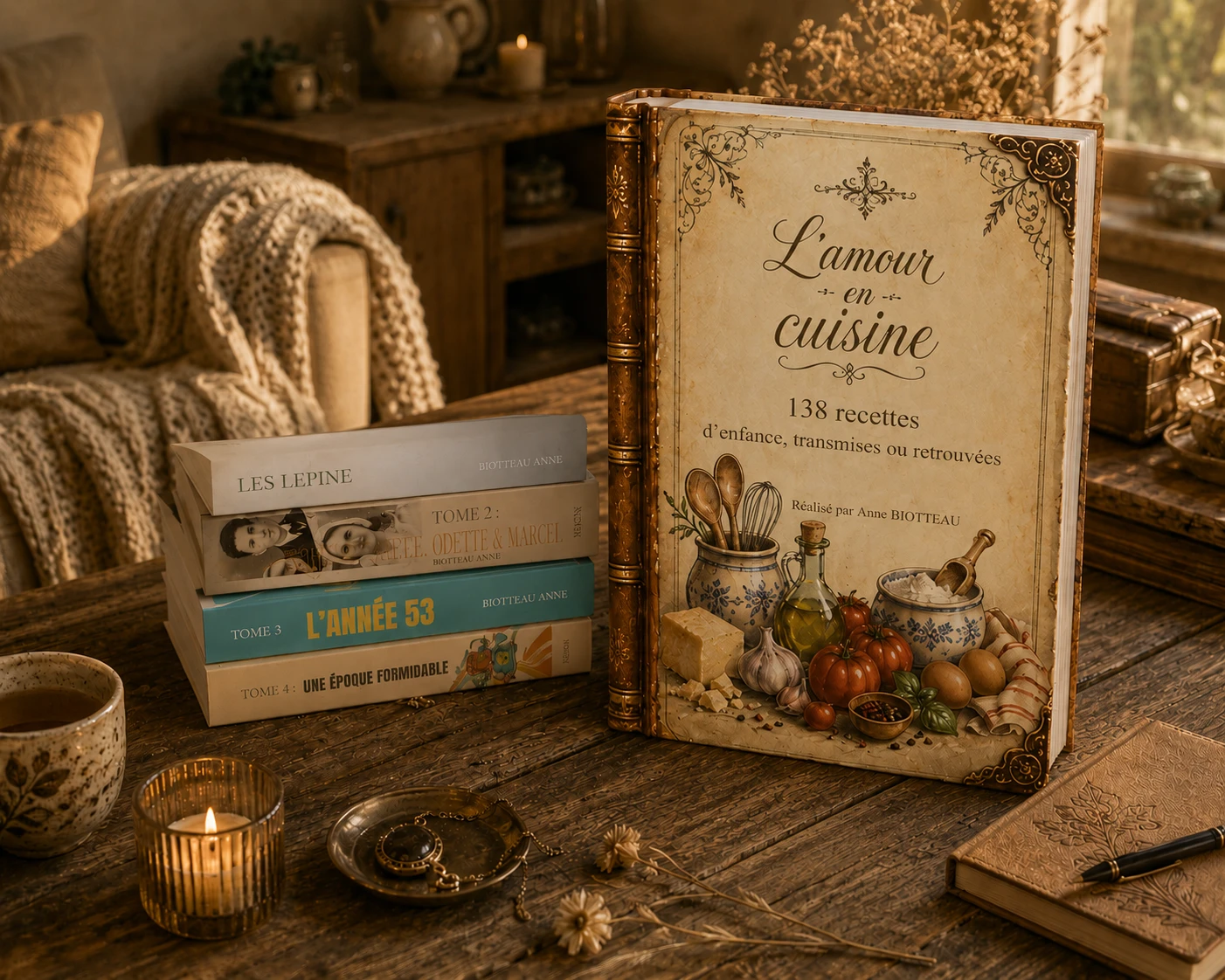 Les livres écrits par Anne : la saga familiale et le livre de recettes L'amour en cuisine