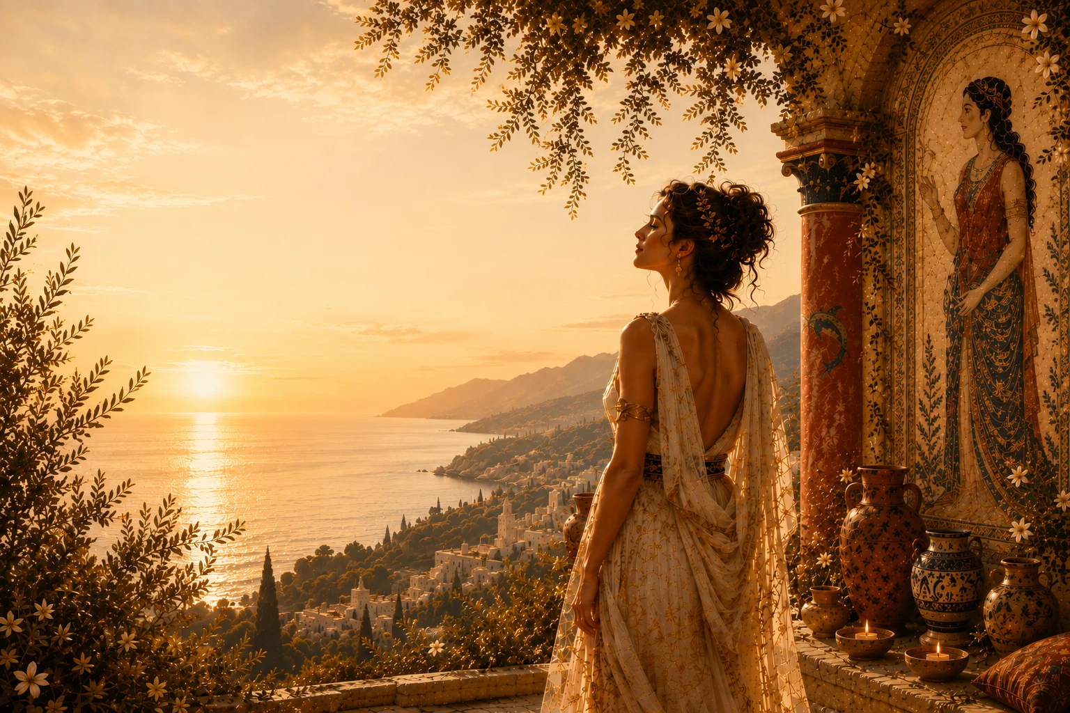 Une femme sur une terrasse au coucher du soleil face à la mer, avec le titre Agenda Essentielles