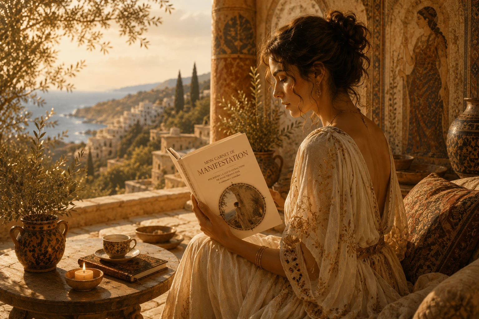 Une femme lisant le guide Mon carnet de manifestation sur une terrasse au coucher du soleil