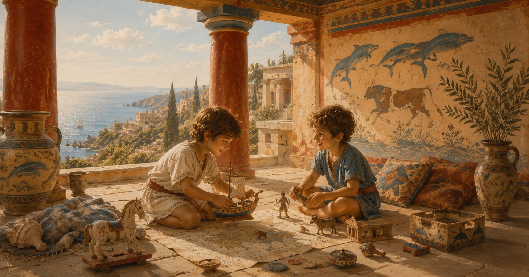 Deux enfants jouant ensemble avec des jouets anciens sur une terrasse face à la mer