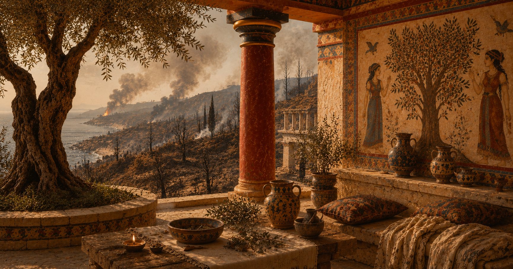 Un olivier centenaire face à un paysage ravagé par les incendies, fumées à l'horizon