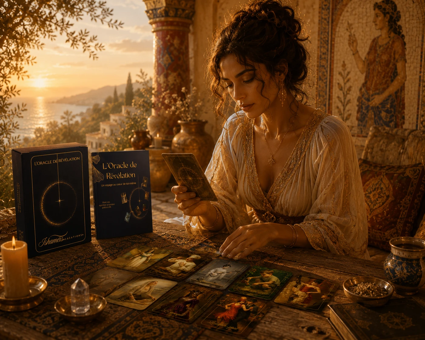 Une femme tirant les cartes de l'Oracle de Révélation sur une table, au coucher du soleil